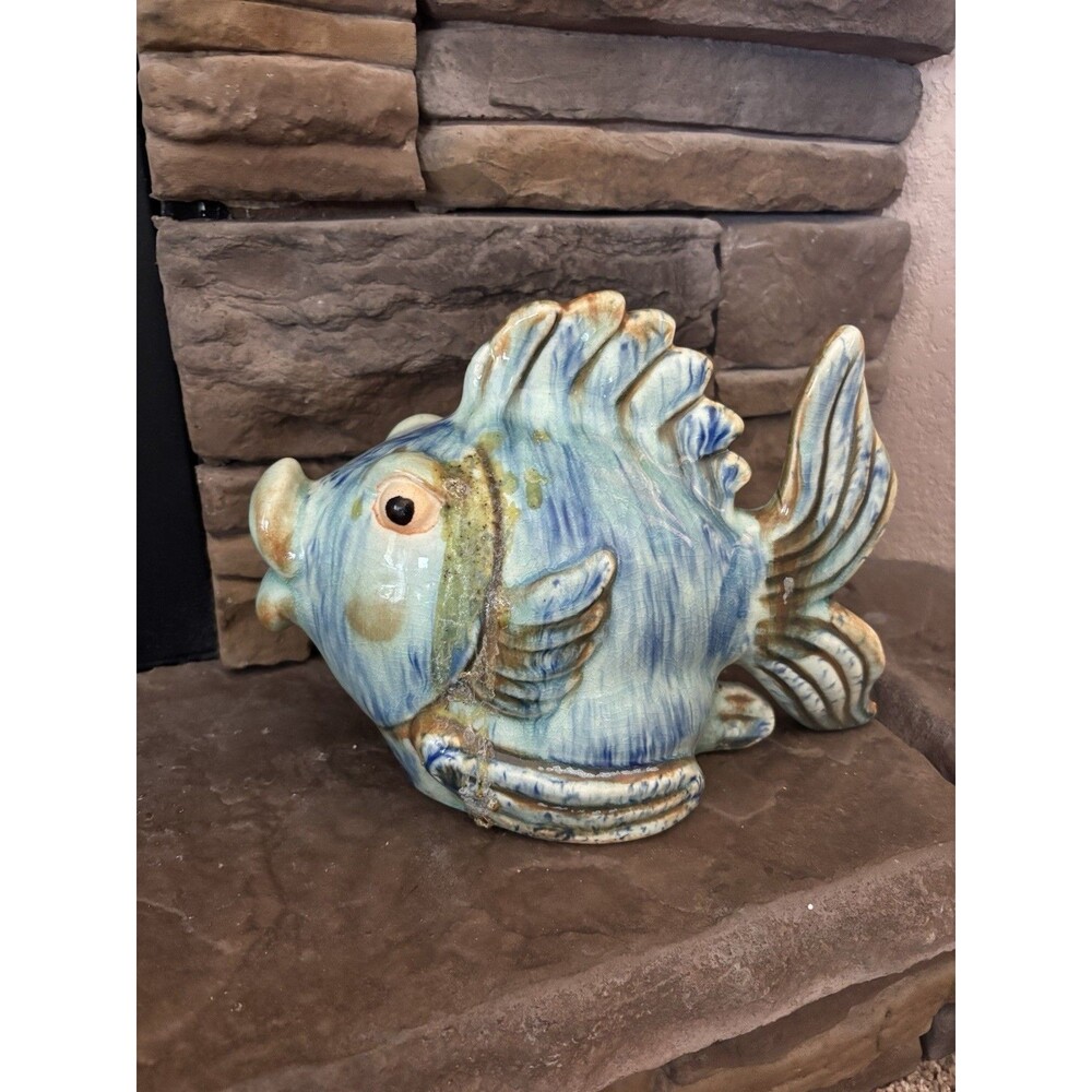 Vintage Ceramic Glazed Pottery Blue Fish Decor